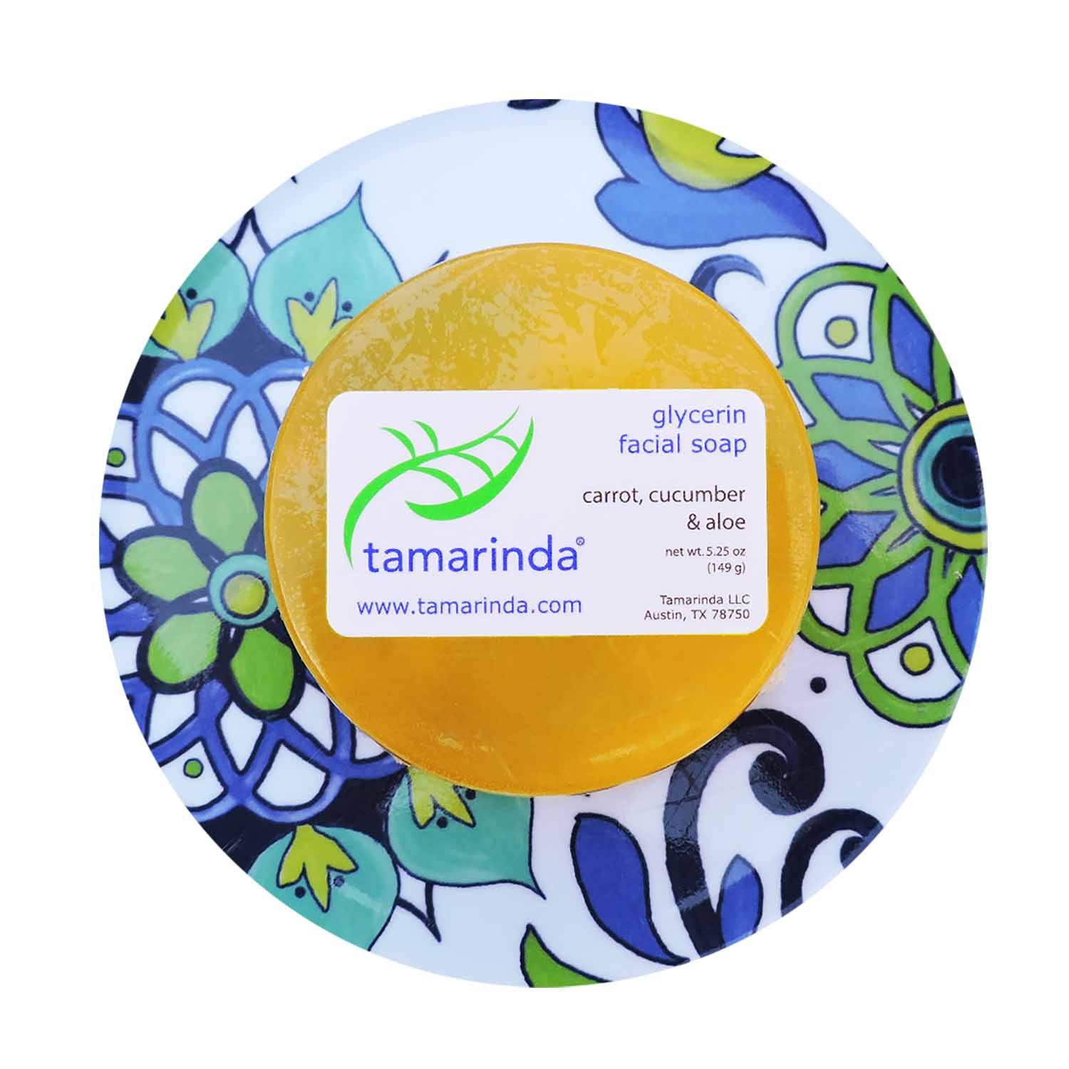 Tamarinda carrot, cucumber and aloe formula glycerin facial soap. 5 oz rounds, unscented and sulfate free.